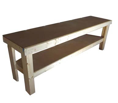 A free-standing wooden work bench